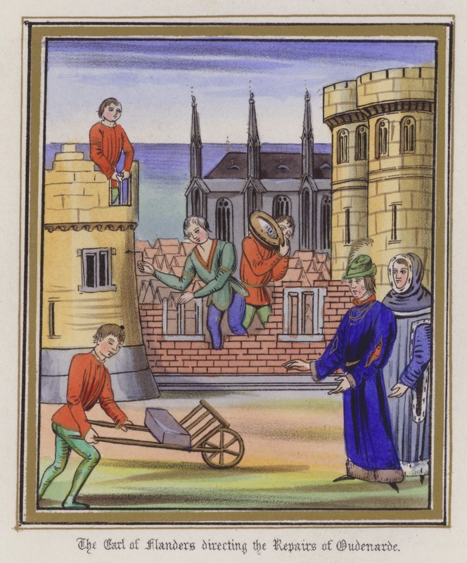 Jarlen af Flandern leder reparationerne af Oudenarde (farvegravering) af English School