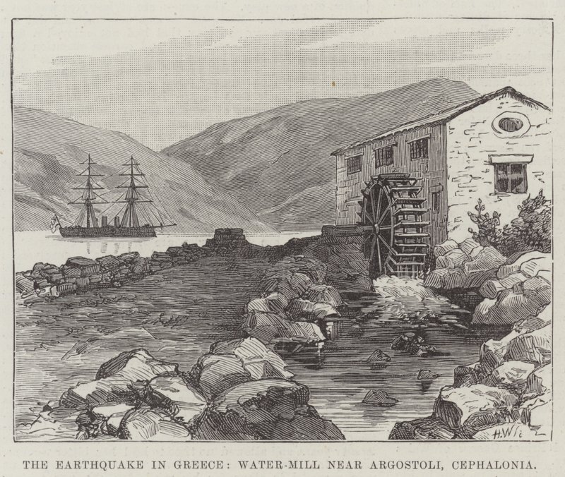 Jordskælvet i Grækenland, vandmølle nær Argostoli, Cephalonia (gravering) af English School