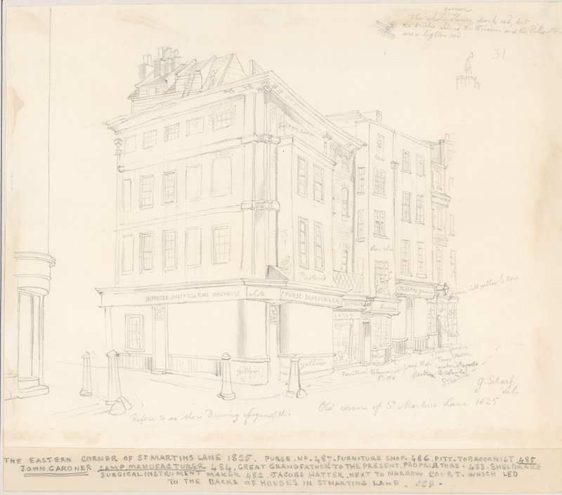 Det østlige hjørne af St Martins Lane, London, 1825 af English School