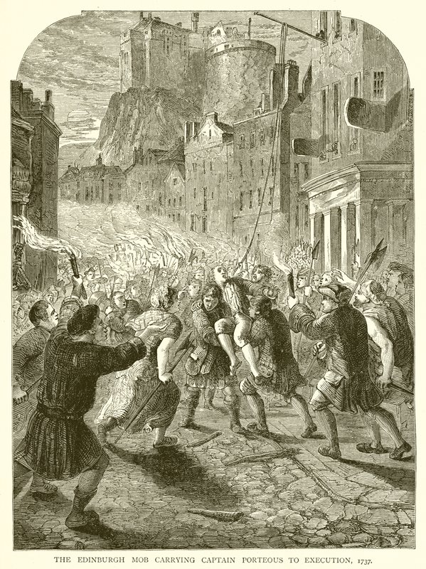 Edinburgh-pøbelen bærer kaptajn Porteous til henrettelse, 1737 af English School