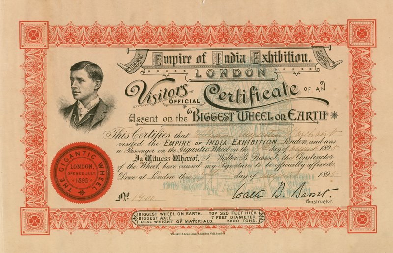 Empire of India Exhibition, London, officielt besøgsbevis for en bestigning på det største hjul på jorden; det store hjul, Earls Court af English School