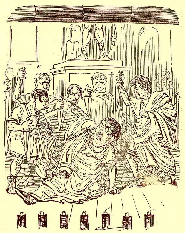 The End of Julius Caesar, illustration fra The Comic History of Rome af Gilbert Abbott a Beckett, udgivet ca. 1850 (digitalt forbedret billede) af English School