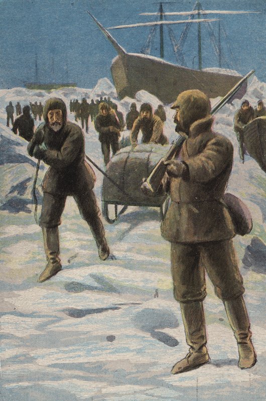 Erebus og terror i isen (farve litho) af English School