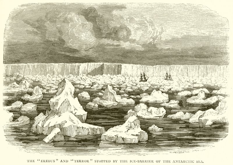 Erebus og Terror stoppede ved Isbarrieren i det Antarktiske Hav af English School