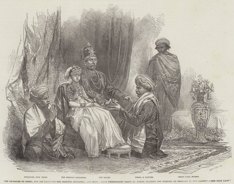 Ex-Rajah af Coorg og hans datter prinsesse Gouramma og suite (gravering) af English School