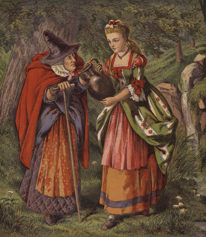 Feen ved springvandet, eller de to piger (farve litho) af English School