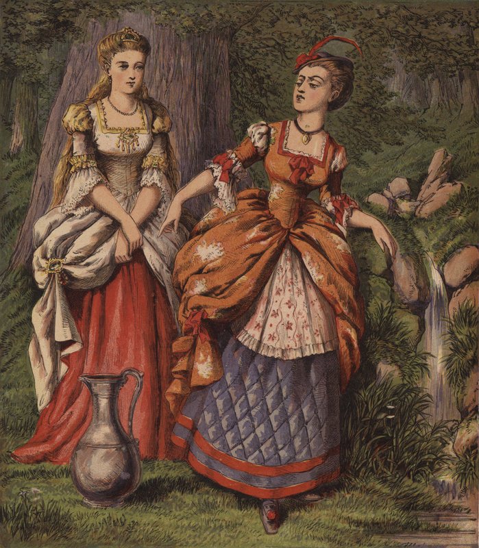 Feen ved springvandet eller de to piger (farve litho) af English School