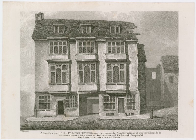 Falcon Tavern på Bankside, Southwark. Som det så ud i 1805 af English School
