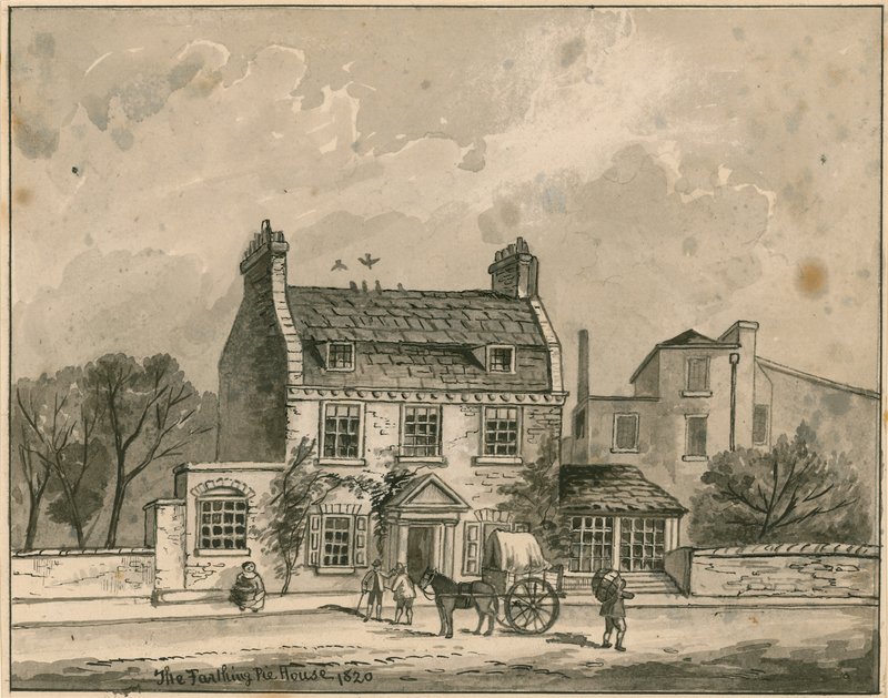 The Farthing Pie House, London, original tegning dateret 1820 (wc på papir) af English School