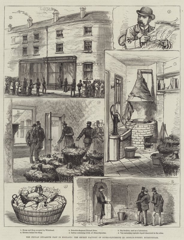 The Fenian Dynamite Plot i England, den hemmelige fabrik for nitro-glycerin i Ledsam-Street, Birmingham (gravering) af English School