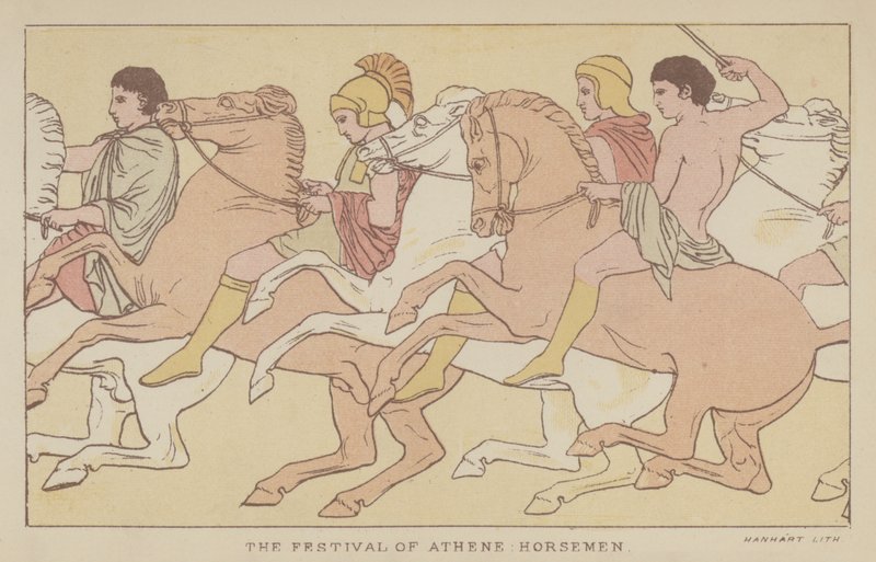 The Festival of Athene, Horsemen (farve litho) af English School