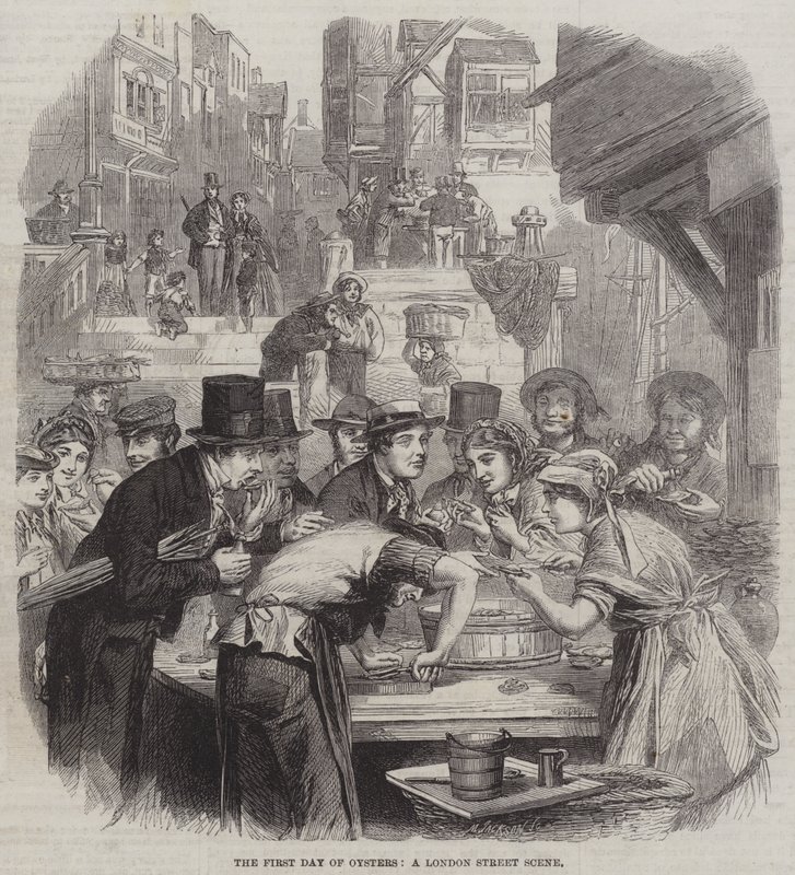 The First Day of Oysters, en London Street Scene (gravering) af English School