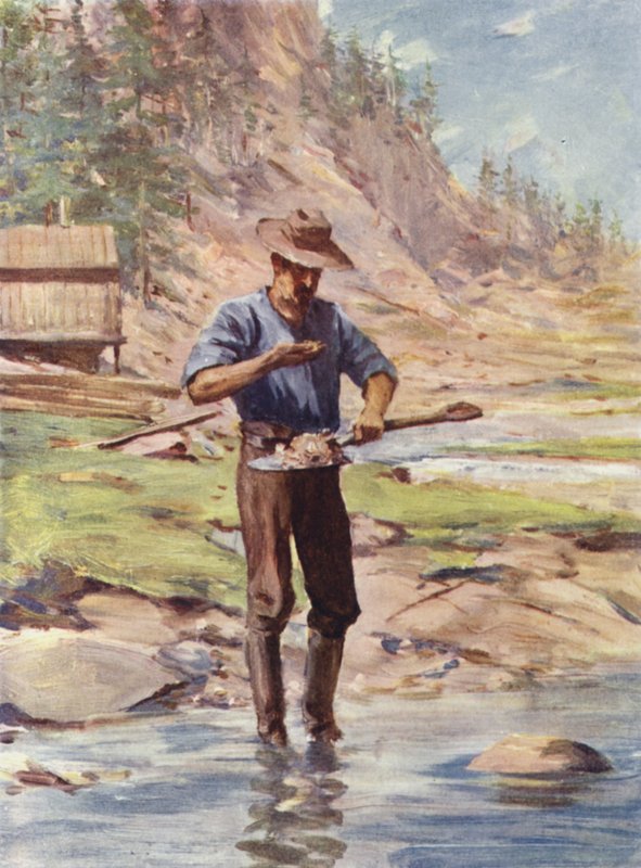 Den første opdagelse af guld i Californien (farve litho) af English School