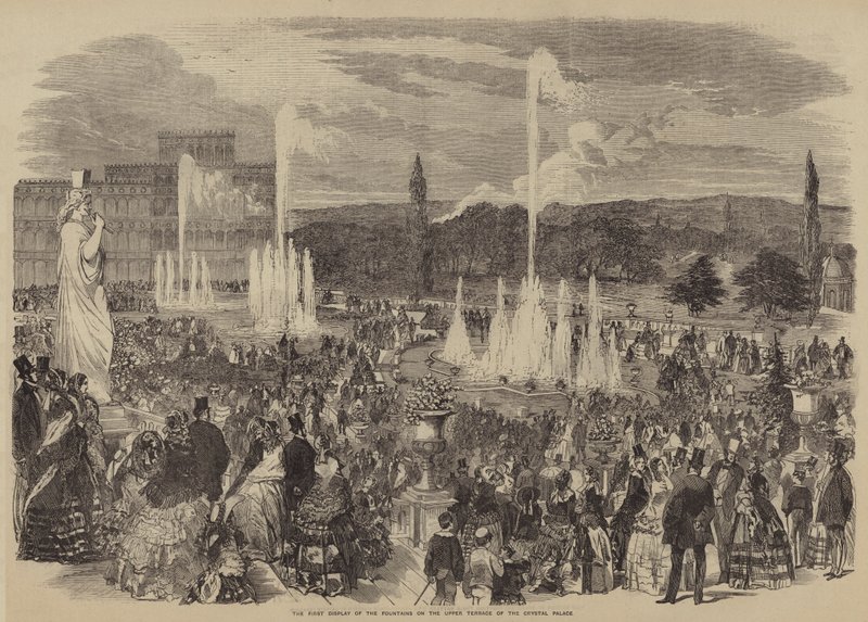 Den første visning af springvandene på den øverste terrasse i Crystal Palace (gravering) af English School