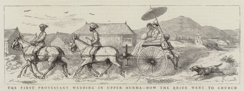 Det første protestantiske bryllup i Øvre Burma, hvordan bruden gik i kirke (gravering) af English School