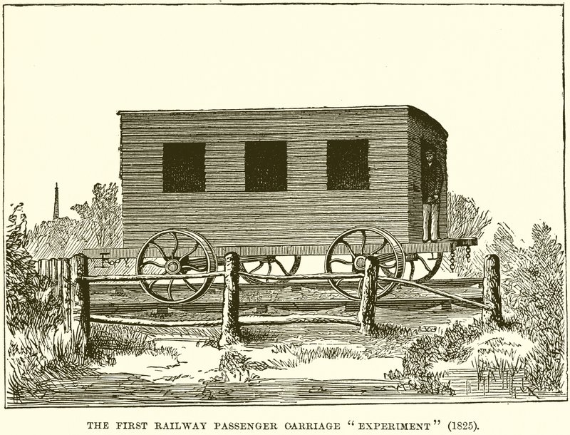 Det første eksperiment med jernbanepassagervogn (1825) af English School