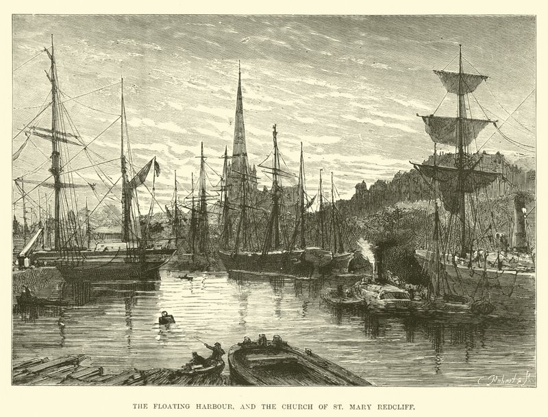 The Floating Harbour og Church of St Mary Redcliffe af English School