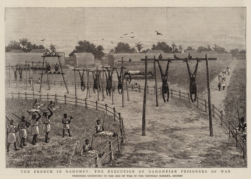 Franskmændene i Dahomey, henrettelse af Dahomeianske krigsfanger (gravering) af English School