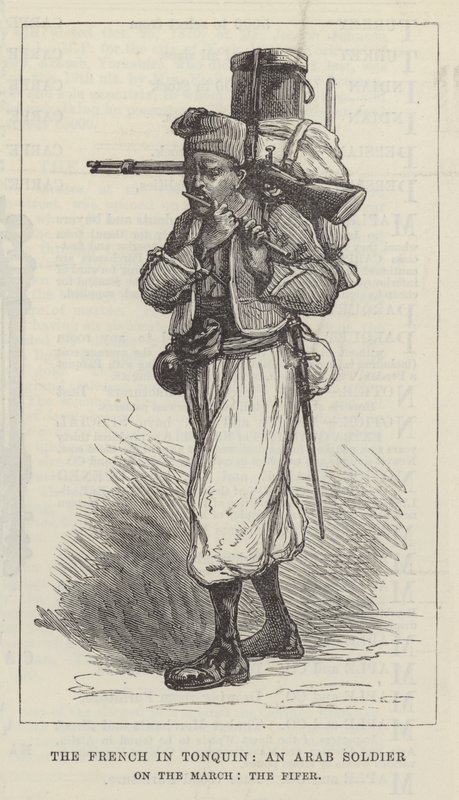 Franskmændene i Tonquin, en arabisk soldat på March, the Fifer (gravering) af English School