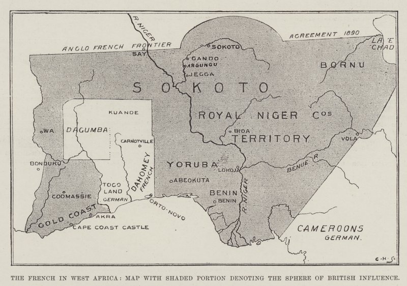 Franskmændene i Vestafrika, kort med skraveret del, der angiver sfæren for britisk indflydelse (litho) af English School