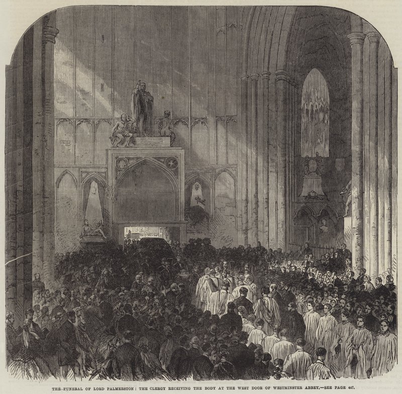 Lord Palmerstons begravelse, præsteskabet modtager liget ved Westminster Abbeys vestdør (gravering) af English School