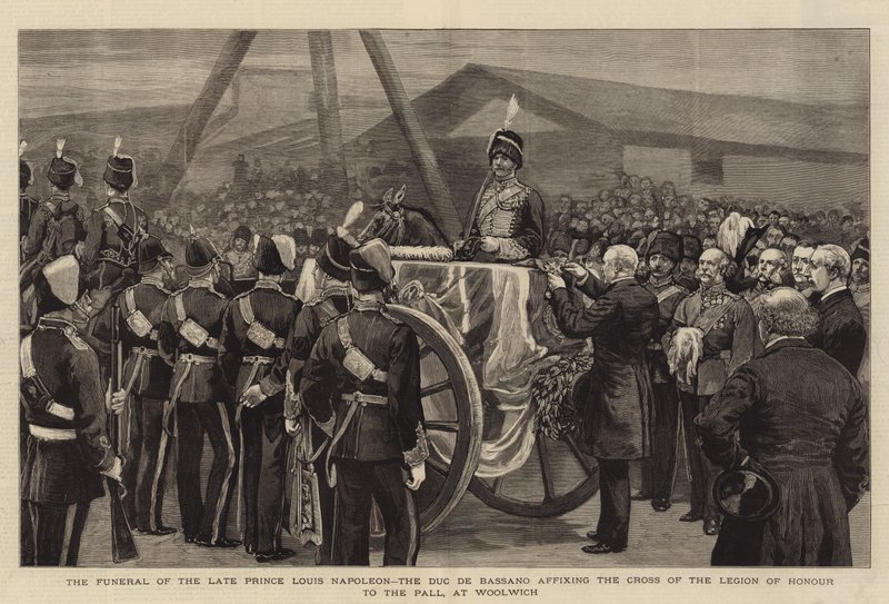 Begravelsen af den afdøde prins Louis Napoleon, hertugen de Bassano, med påsætning af Æreslegionens kors på Pallen i Woolwich (gravering) af English School