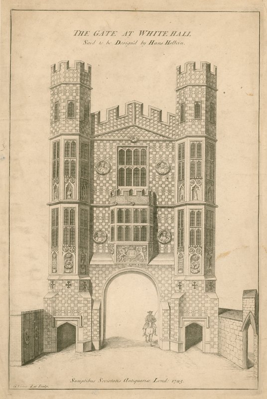 Porten ved Whitehall. Siges at være designet af Hans Holbein af English School