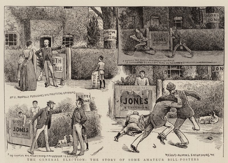 Folketingsvalget, historien om nogle amatørbilledplakater (gravering) af English School