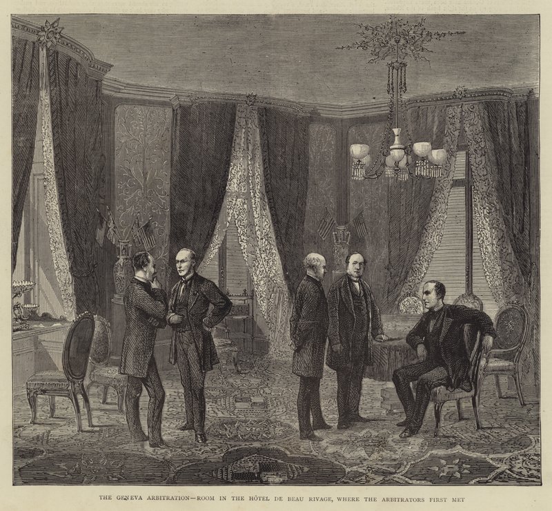 Genève-voldgiften, værelse i Hotel de Beau Rivage, hvor voldgiftsmændene mødtes første gang (gravering) af English School