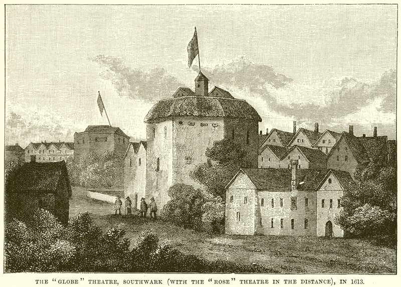 Globe Theatre, Southwark (Med Rose Theatre i det fjerne), i 1613 af English School