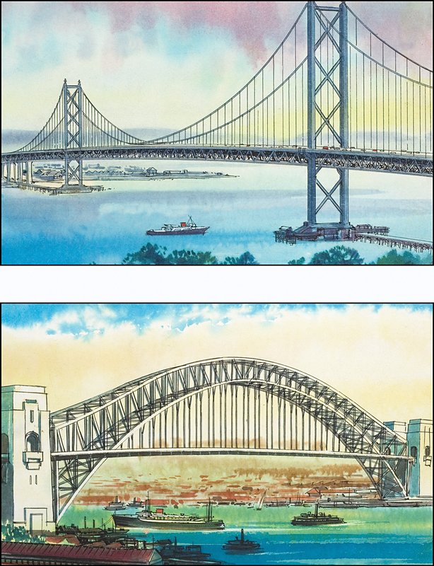 Golden Gate Bridge i San Francisco og Sydney Harbour Bridge af English School