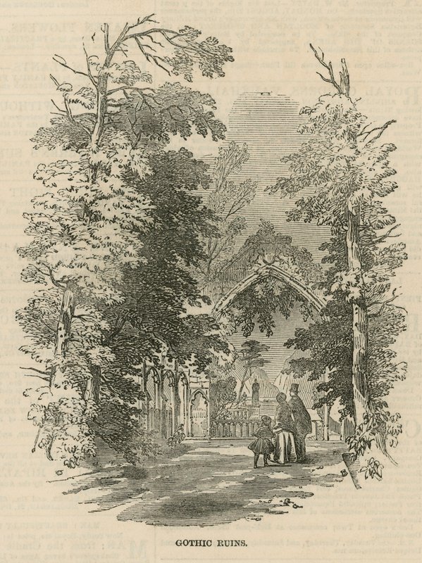 De gotiske ruiner i Vauxhall Gardens af English School