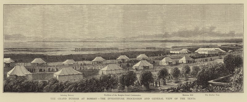 Grand Durbar i Bombay, Investiturprocessionen og overblik over teltene (gravering) af English School