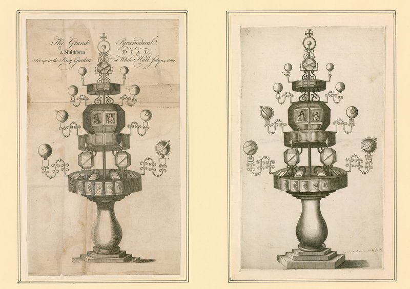 The Grand Pyramidical and Multiform Dial sat op i Privy Garden i Whitehall, 24. juli 1669 af English School