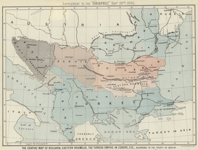 Det grafiske kort over Bulgarien, det østlige Roumelia, det tyrkiske imperium i Europa af English School
