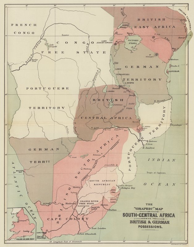 Det grafiske kort over Syd-Centralafrika, der viser de britiske og tyske besiddelser (farve litho) af English School
