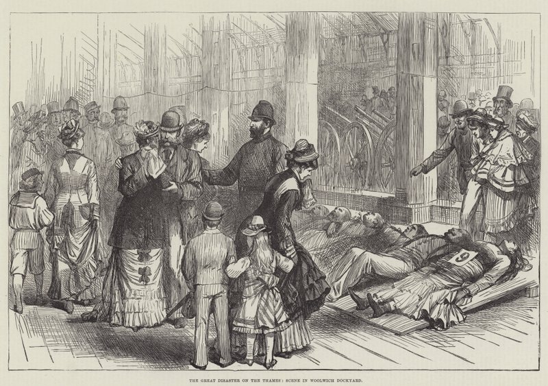 Den store katastrofe på Themsen, scene i Woolwich Dockyard (gravering) af English School