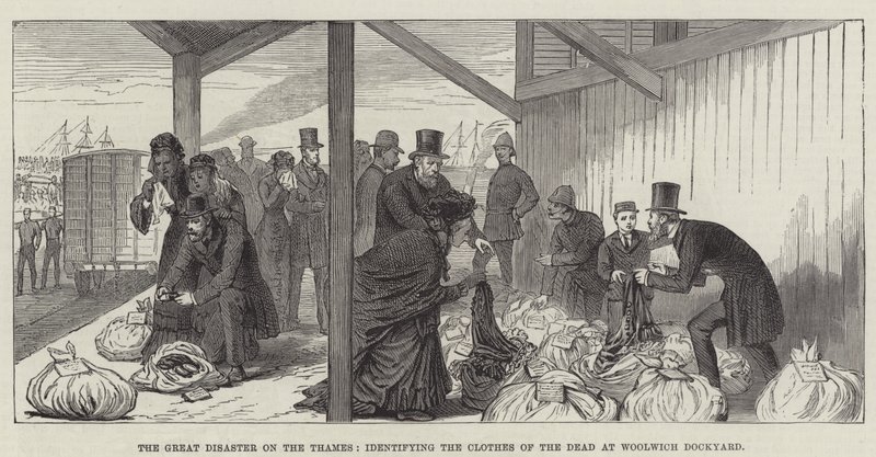 Den store katastrofe på Themsen, der identificerer de dødes tøj på Woolwich Dockyard (gravering) af English School