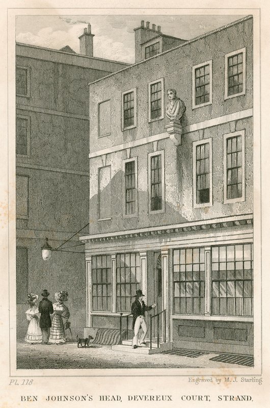 The Grecian Coffee House, Devereux Court, Strand, med en buste af Ben Johnson af English School