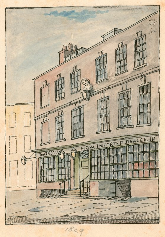 The Grecian Coffee House, Devereux Court, Strand, med en buste af Ben Johnson af English School