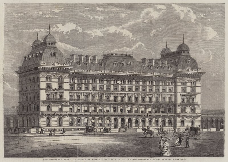 Grosvenor Hotel, under opførelse på stedet for det gamle Grosvenor-bassin, Belgravia (gravering) af English School