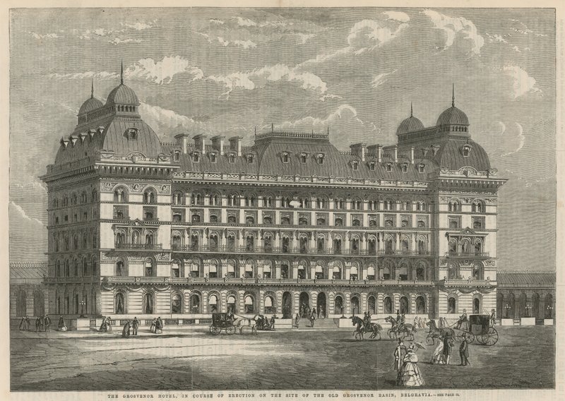 Grosvenor Hotel, under opførelse på stedet for det gamle Grosvenor Basin, Belgravia af English School