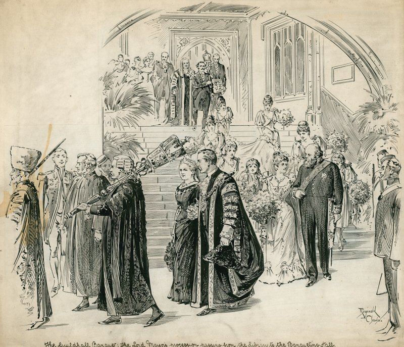 The Guildhall, London, Banket: Lord Mayors procession, der passerer fra biblioteket til banketsalen af English School