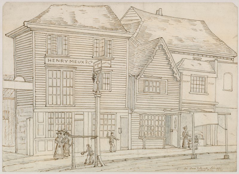 The Hare and Hounds, Islington, trukket ned 1840 (blæk på papir) af English School