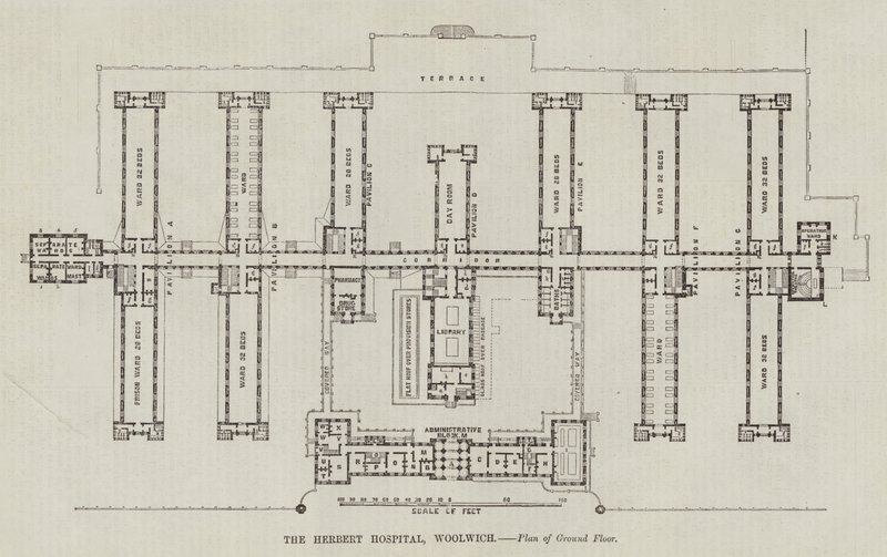 The Herbert Hospital, Woolwich, Plan over stueetagen (gravering) af English School