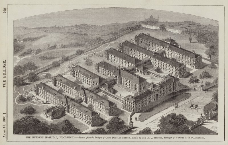 Herbert Hospital, Woolwich, opført efter design af kaptajn Douglas Galton, assisterede … (gravering) af English School