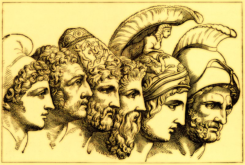 The Heroes of the Trojan War: Paris, Diomedes, Odysseus, Nestor, Achilles, Agamemnon, illustration fra The Illustrated History of the World, udgivet ca. 1880 (digitalt forbedret billede) af English School