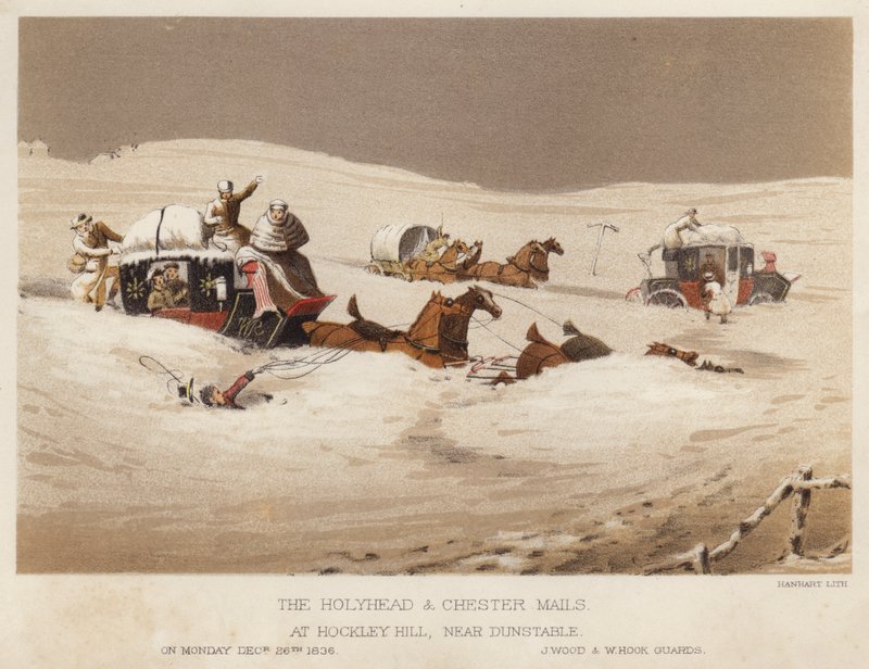 The Holyhead og Chester mailer ved Hockley Hill, nær Dunstable (farve litho) af English School