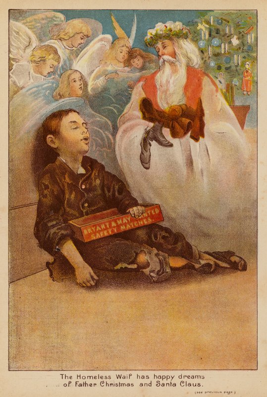 Den hjemløse Waif har glade drømme om julemanden og Santa Claus (farvelitografi) af English School