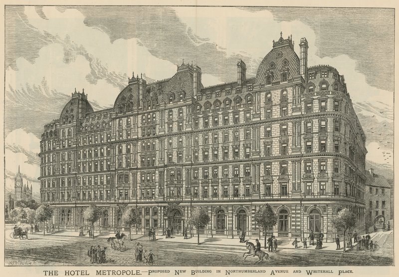 Hotel Metropole foreslog ny bygning i Northumberland Avenue og Whitehall Place af English School